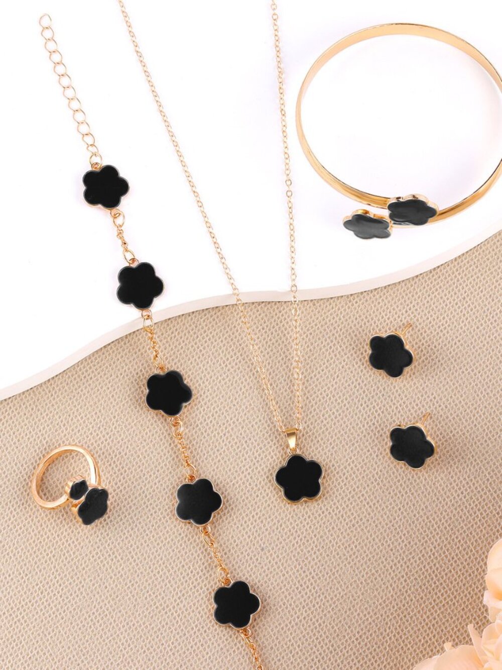 Black Floral Enamel Jewelry 5-Piece Set: Necklace, Bracelet, Earrings, Ring & Ba